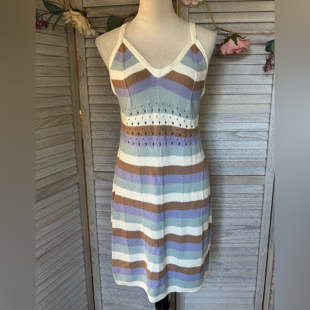 Boho Sundress Women’s SZ XL Sleeveless Crochet Knit Mini Dress, Blue Cream Tan